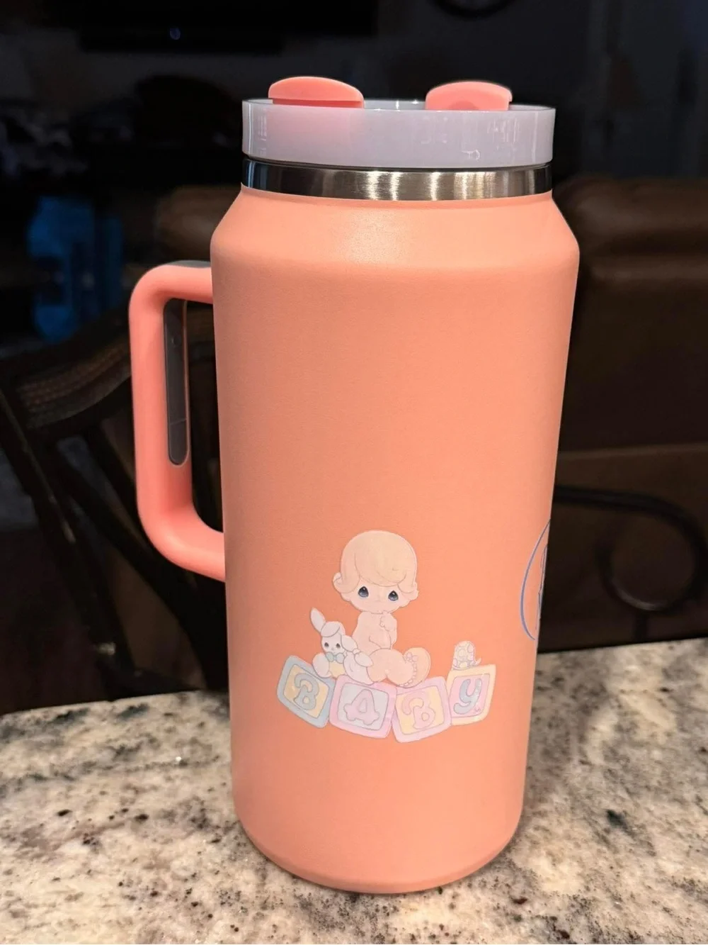 Precious moments Coral Travel Mug with Handle NEW WITH STRAW 10”tall